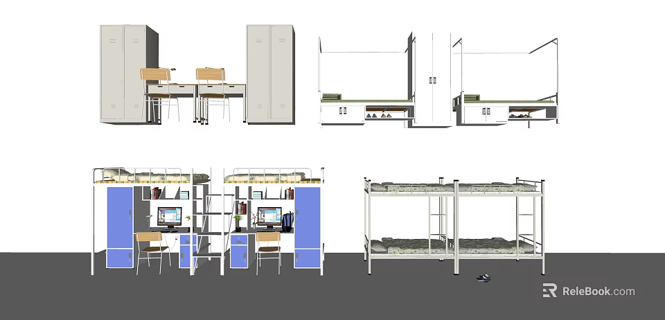 Modern Bunk Bed Room Design With Lockers Desks And Study Chairs 3d model