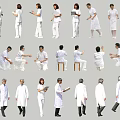 Group of People in White Uniforms with Various Poses Standing Sitting Walking and Holding Documents