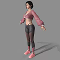 Woman In Pink Long Sleeve Top And Black Tights With Arms Outstretched On Gray Background