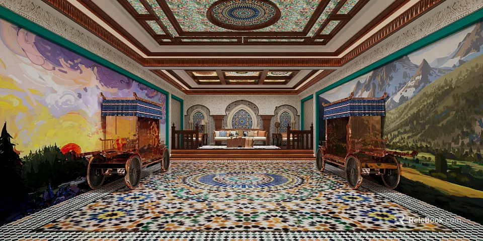 Luxurious Interior With Intricate Ceiling Decor Mural Paintings Colorful Mosaic Floor And Platform Sofa 3d model 