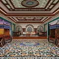 Luxurious Interior With Intricate Ceiling Decor Mural Paintings Colorful Mosaic Floor And Platform Sofa