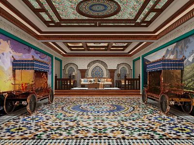 Luxurious Interior With Intricate Ceiling Decor Mural Paintings Colorful Mosaic Floor And Platform Sofa 3d model