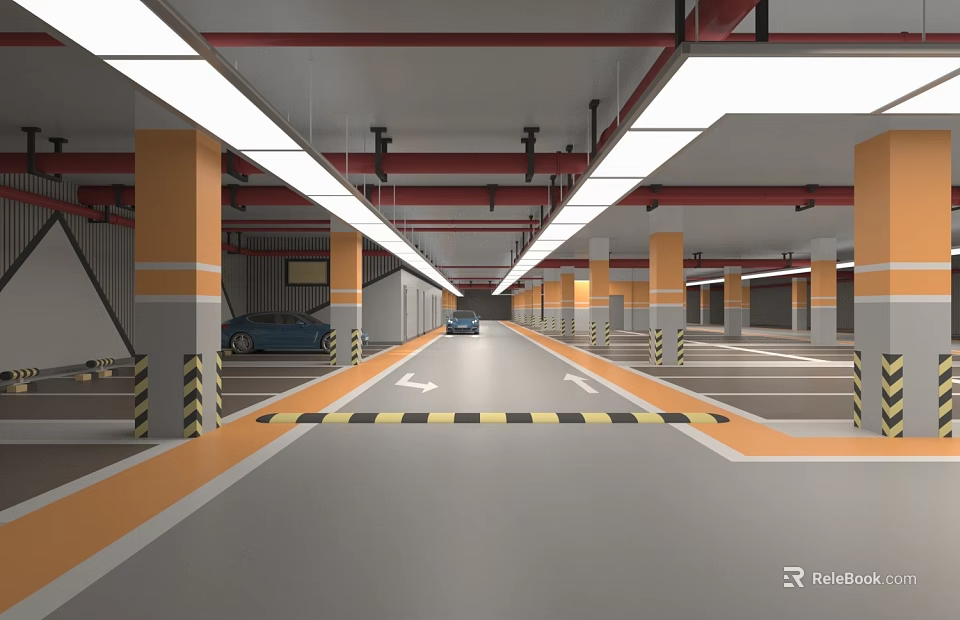 Modern Indoor Parking Garage With Bright Lighting Orange Columns And Clear Driveway Markings 3d model 