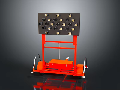 Mobile Furniture Rack In Orange Metal With Black Panel Gold Knobs And Wheels 3d model