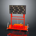 Mobile Furniture Rack In Orange Metal With Black Panel Gold Knobs And Wheels