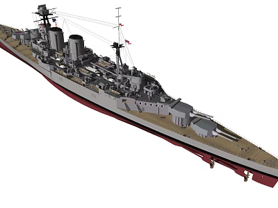 Detailed Military Warship Model With Main Turrets Superstructure Antennae And Deck Hull 3d model
