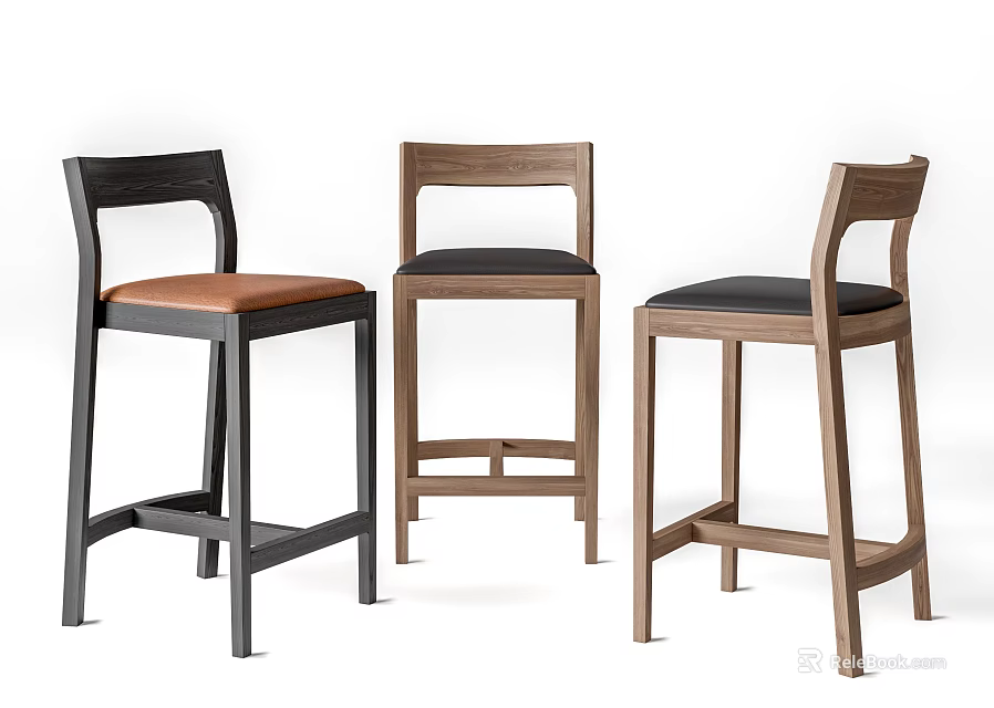 Modern Bar Stools With Wooden Frame And Brown Black Seats Design 3d model 
