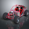 Off Road Dune Buggy With Red Tubular Frame Two Black Seats And Large Tires