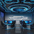 Modern Cybercafe Interior With Blue Neon Lights Computers Comfortable Chairs And Tree Views 3d model