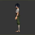 Blue Haired Barefoot Game Movie Character With White T Shirt Green Pants Brown Waist Bag