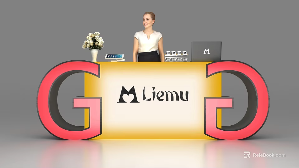 Yellow Reception Desk With Red Decorative Elements Flower Vase Tablet Laptop And Liemu Logo 3d model 