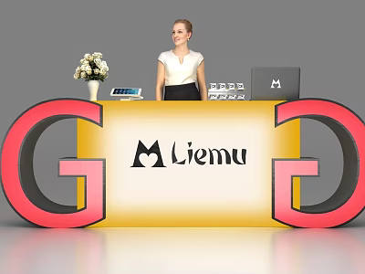 Yellow Reception Desk With Red Decorative Elements Flower Vase Tablet Laptop And Liemu Logo 3d model