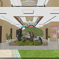 Spacious Two Story Restaurant Interior With Floral Decoration Skylight And Potted Plants