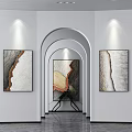 Art Gallery Exhibition Space Featuring Modern Paintings With Archway And Wall Lighting