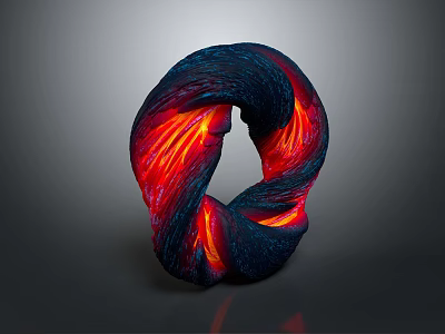 Wood Stone Sculpture with Twisted Loop Shape Dark Blue Surface and Red Orange Glowing Interior 3d model
