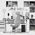 Stylish Modern Office Desk With Ergonomic Chair Computer Monitor Lamp Bookshelves And Potted Plant