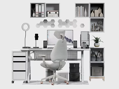 Stylish Modern Office Desk With Ergonomic Chair Computer Monitor Lamp Bookshelves And Potted Plant 3d model