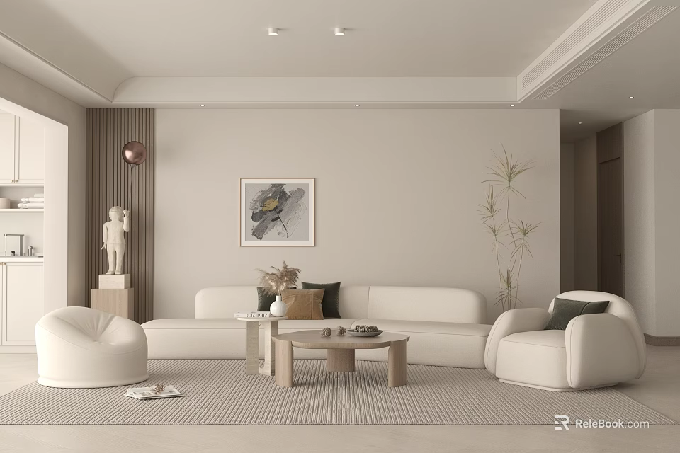Modern Minimalist Living Room With White Sofa Round Armchair Coffee Table And Wall Art 3d model 