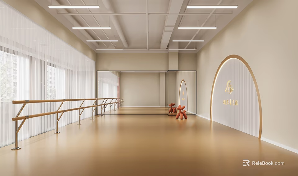 Fitness Dance Studio With Ballet Barres Large Mirror Wooden Floor White Curtains And Arched Door 3d model 