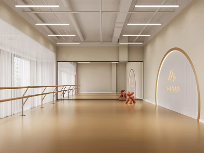 Fitness Dance Studio With Ballet Barres Large Mirror Wooden Floor White Curtains And Arched Door 3d model