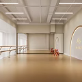 Fitness Dance Studio With Ballet Barres Large Mirror Wooden Floor White Curtains And Arched Door