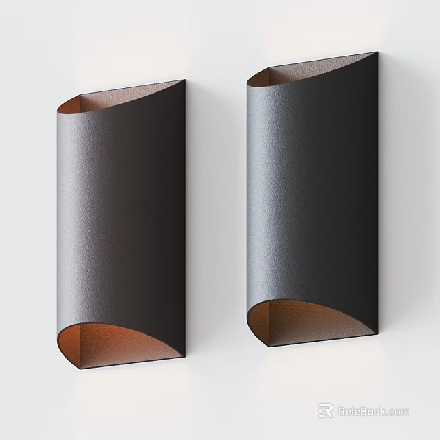 Two Black Metallic Outdoor Wall Mounted Lights With Orange Inner On White Wall 3d model 