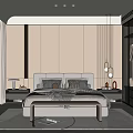 Modern Bedroom Interior With Beige Walls Large Windows Nightstands Pendant Lights And Area Rug