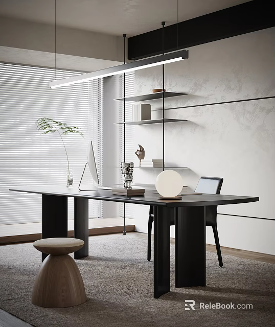 Minimalist Modern Home Office Interior Design With Spacious Desk Computer Shelves Blinds And Palm Plant 3d model 