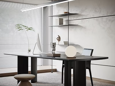 Minimalist Modern Home Office Interior Design With Spacious Desk Computer Shelves Blinds And Palm Plant 3d model