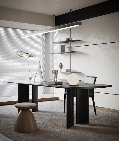 Minimalist Modern Home Office Interior Design With Spacious Desk Computer Shelves Blinds And Palm Plant 3d model