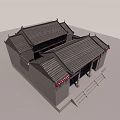 Ancient Traditional Architecture with Gray Brick Walls Red Door Stone Steps and Decorative Eaves
