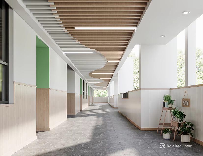 Modern Elevator Corridor Interior With Wavy Wooden Ceiling White Walls Green Decor Windows And Plants 3d model 