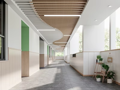 Modern Elevator Corridor Interior With Wavy Wooden Ceiling White Walls Green Decor Windows And Plants 3d model