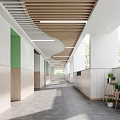 Modern Elevator Corridor Interior With Wavy Wooden Ceiling White Walls Green Decor Windows And Plants