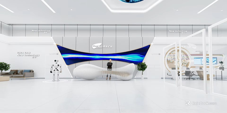 Modern Tech Showroom Interior Featuring Robot Blue Wave Background And White Space 3d model