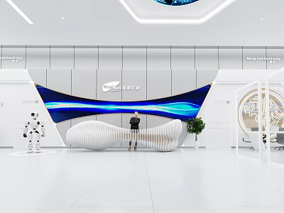 Modern Tech Showroom Interior Featuring Robot Blue Wave Background And White Space 3d model