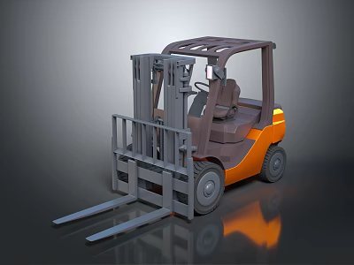 Orange and Gray Forklift With Cabin Front Forks and Wheels on Reflective Surface 3d model