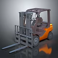 Orange and Gray Forklift With Cabin Front Forks and Wheels on Reflective Surface
