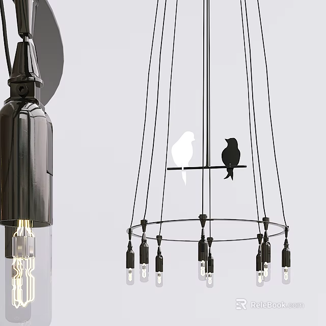 Stylish Modern Chandelier With Circular Metal Frame Hanging Bulbs And Bird Silhouettes 3d model 