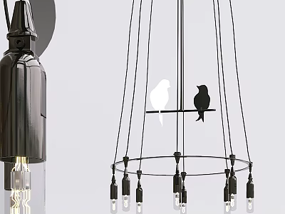 Stylish Modern Chandelier With Circular Metal Frame Hanging Bulbs And Bird Silhouettes 3d model