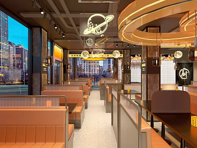 Modern Stylish Restaurant Interior With Circular Ceiling Lights Neon Decor And Comfortable Booth Seats 3d model