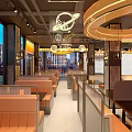 Modern Stylish Restaurant Interior With Circular Ceiling Lights Neon Decor And Comfortable Booth Seats