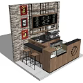 Functional Coffee Shop Bar Table With Brick Wall Menu Board And Stools 3d model