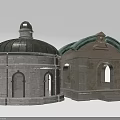 Round Stone Architectural Structures With Domed Green Roof Archway Windows And Steps