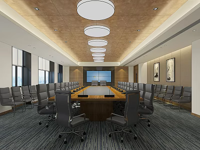 Modern Conference Room With Long Table Gray Office Chairs Circular Lights And Large Screen 3d model