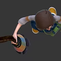 Character Wearing Blue Overalls With Yellow Boots And Curved Handle Staff With Colorful Decoration