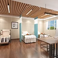 Modern Patient Room Interior With Wooden Ceiling White Walls Two Beds And Blue Curtains