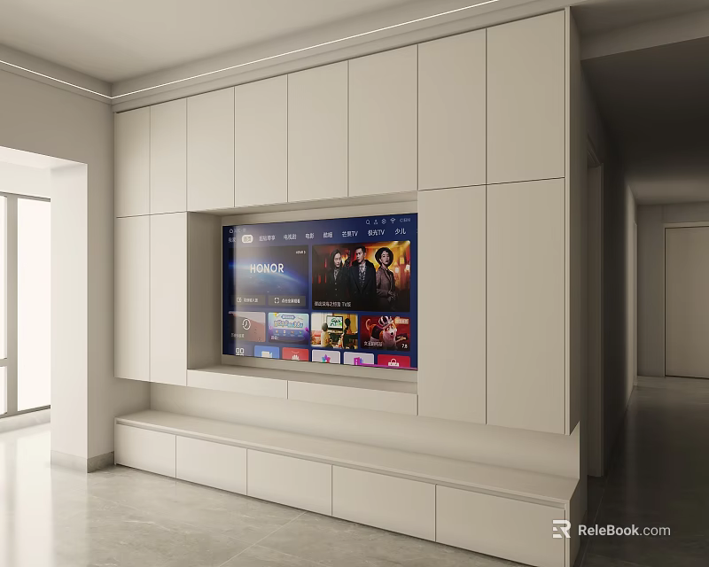 Modern White Built-in TV Stand Featuring Large Screen TV Drawers and Sleek Design 3d model 