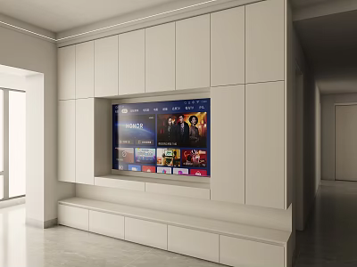 Modern White Built-in TV Stand Featuring Large Screen TV Drawers and Sleek Design 3d model