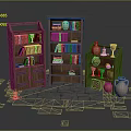 Rustic Wooden Bookcases Interior Display With Clay Pots Candles On Stone Tile Floor